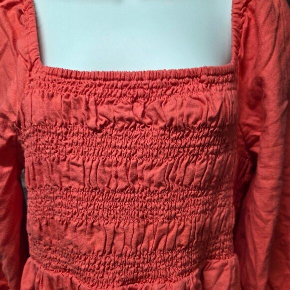 Isabel Maternity Coral Mini Dress Medium Smocked Puff Sleeve Linen Blend - Picture 3 of 7
